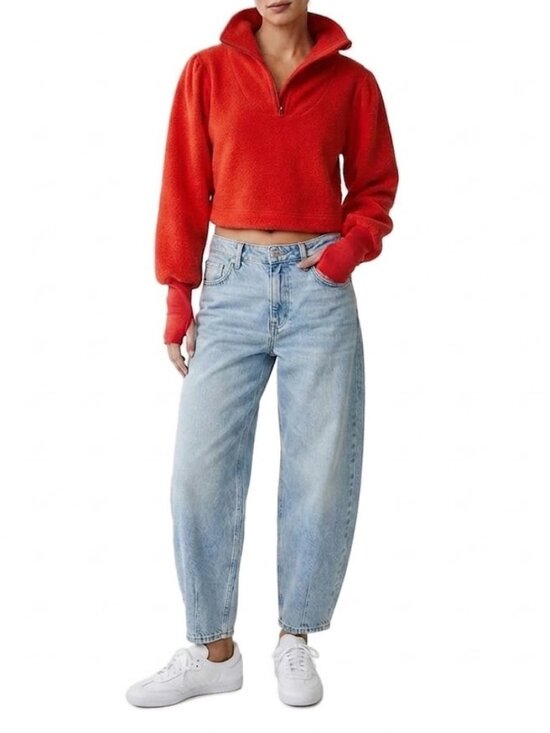 Free People Tops - Free People Poppy Cropped Fleece 1/4 Zip XS Red Lightweight Pullover EUC